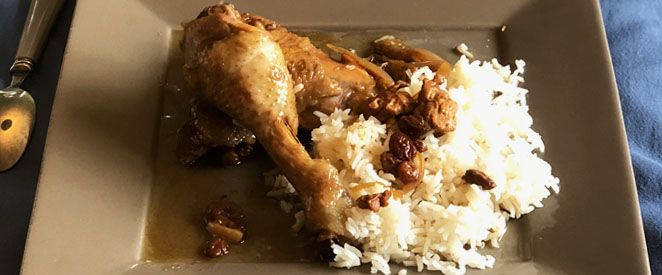 Poulet en cocote au safran et au jus de grenade