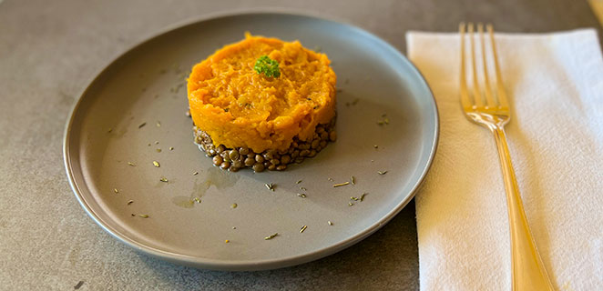 Duo de lentilles et écrasé de potimarron et carotte