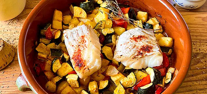 Pavés de cabillaud rôti aux petits légumes