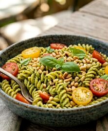 Salade de pĂątes au pesto, tomates cerises et pignons (sans gluten)