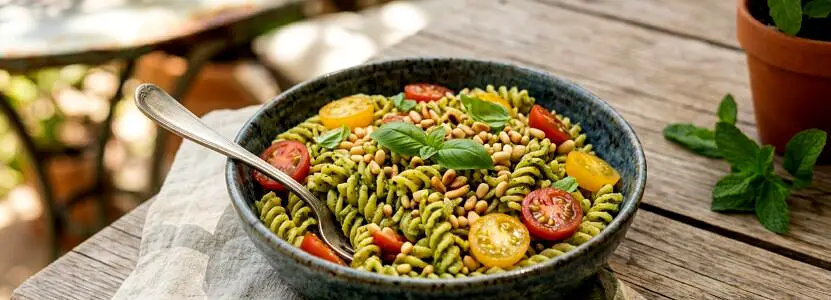 Salade de pâtes au pesto, tomates cerises et pignons (sans gluten)