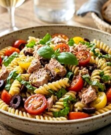 Salade de pâtes thon, tomates, olives et basilic (sans gluten)