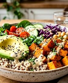 Buddha bowl rentrée (quinoa, patate douce, avocat, sauce tahini)